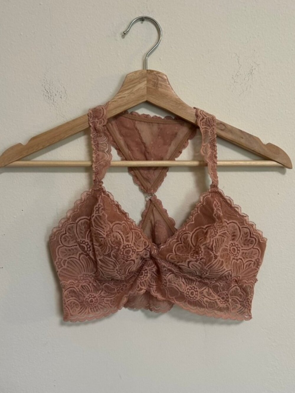 Aerie Halter Floral Lace Bralette Lined Triangle Back Peach Color Sz Medium EUC